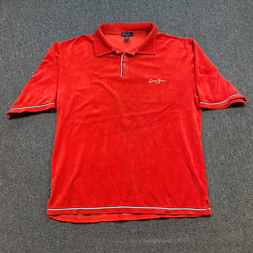 Sean John Velour Polo Sz XL Mens Red Streetwear Y2K Embroidered Logo Terry Cloth